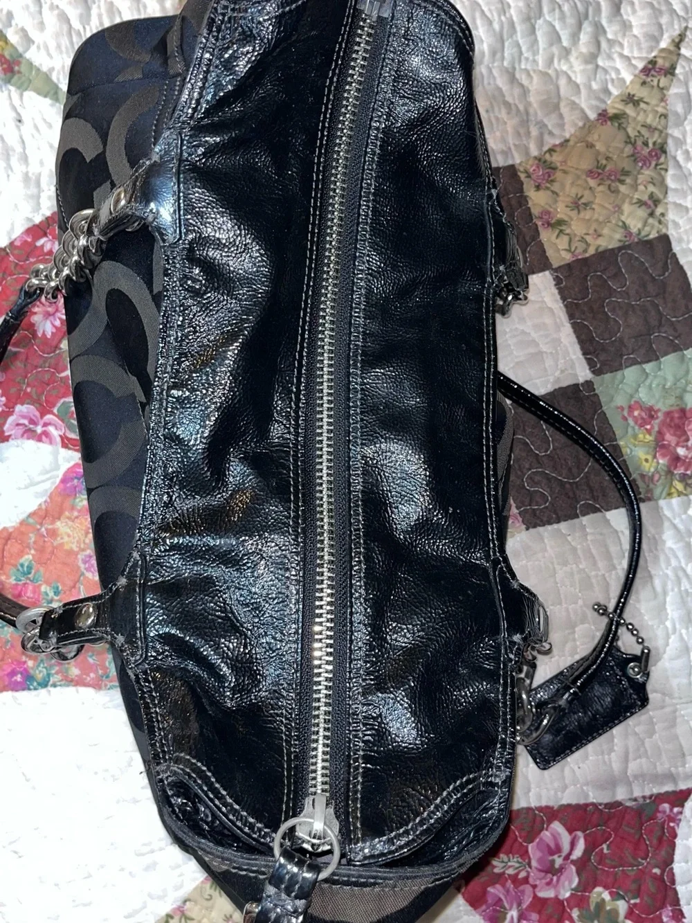 Coach Black Signature Canvas Satchel with Silver-Tone Chain Handles & Wallet